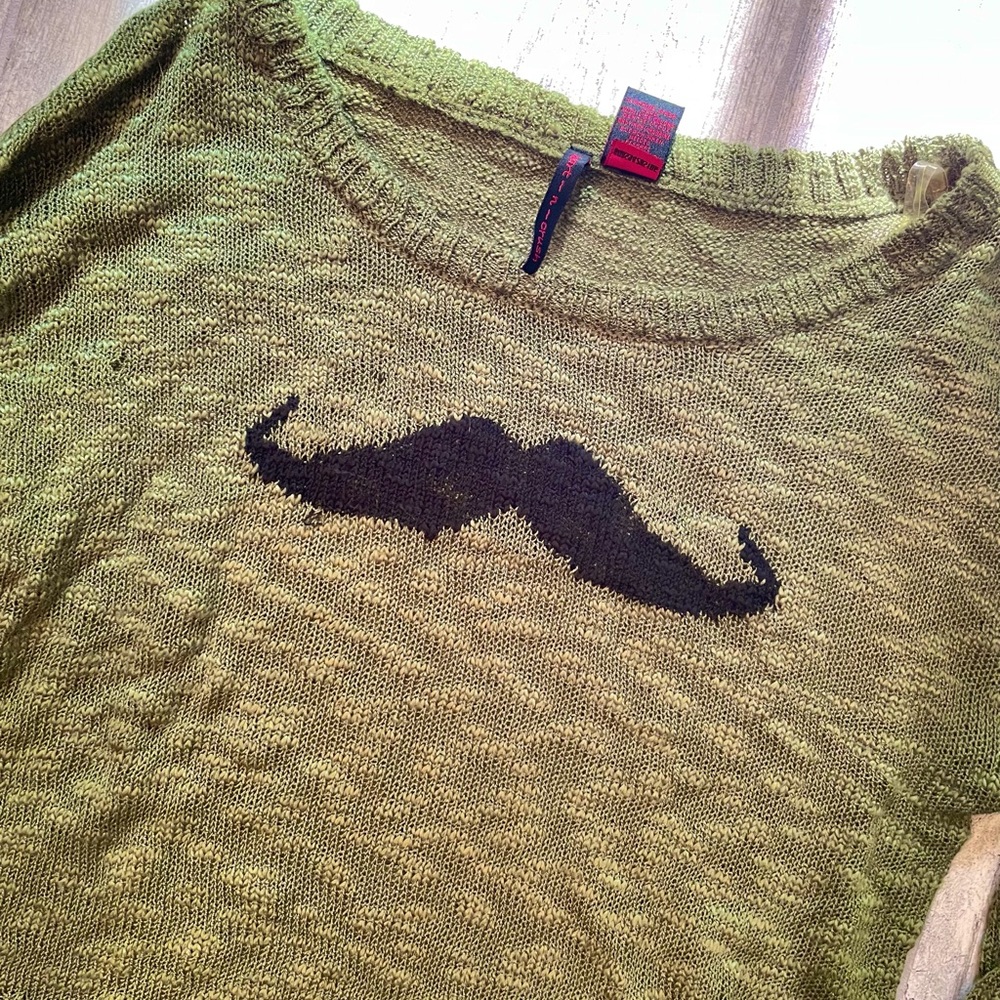 Heart N Crush Green Knit Mustache Distressed Crop Sweater - Picture 3 of 5